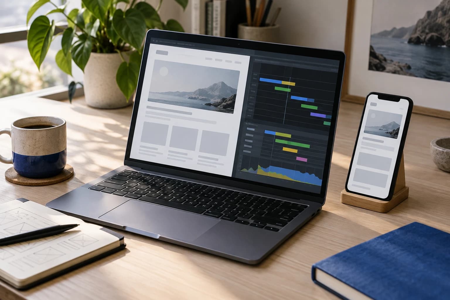Illustrative workspace with website layouts and a performance timeline