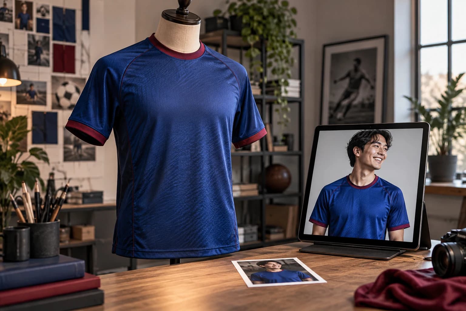 Illustrative unbranded football jersey and digital fan portrait in a creative studio