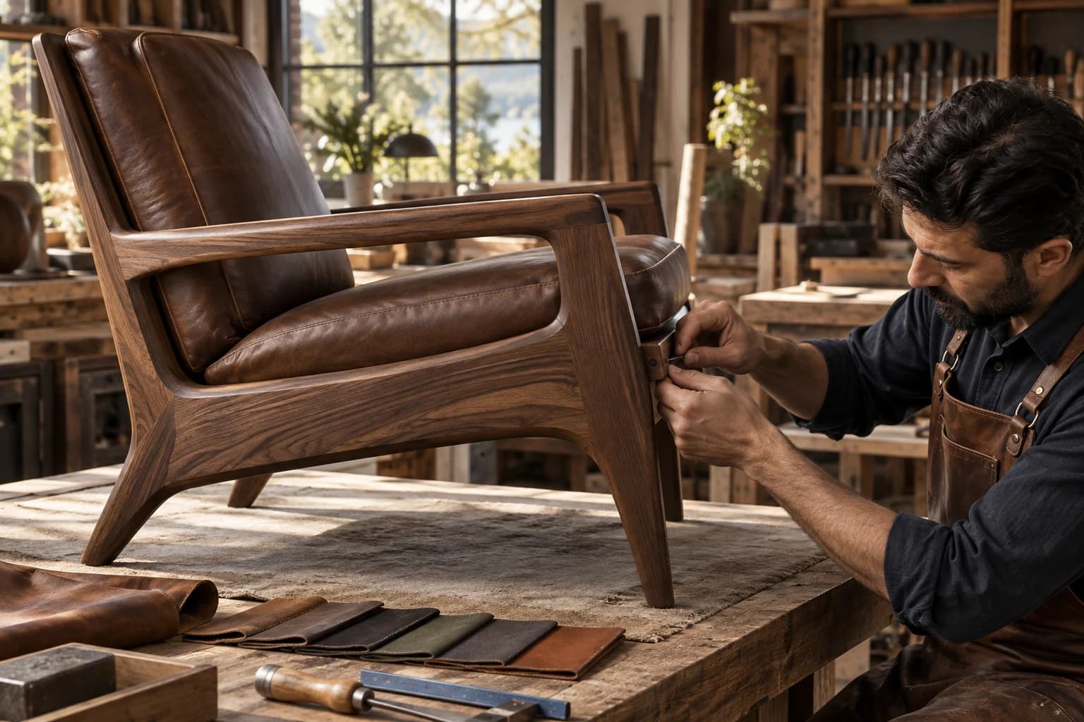 Illustrative craftsperson finishing a bespoke timber and leather chair