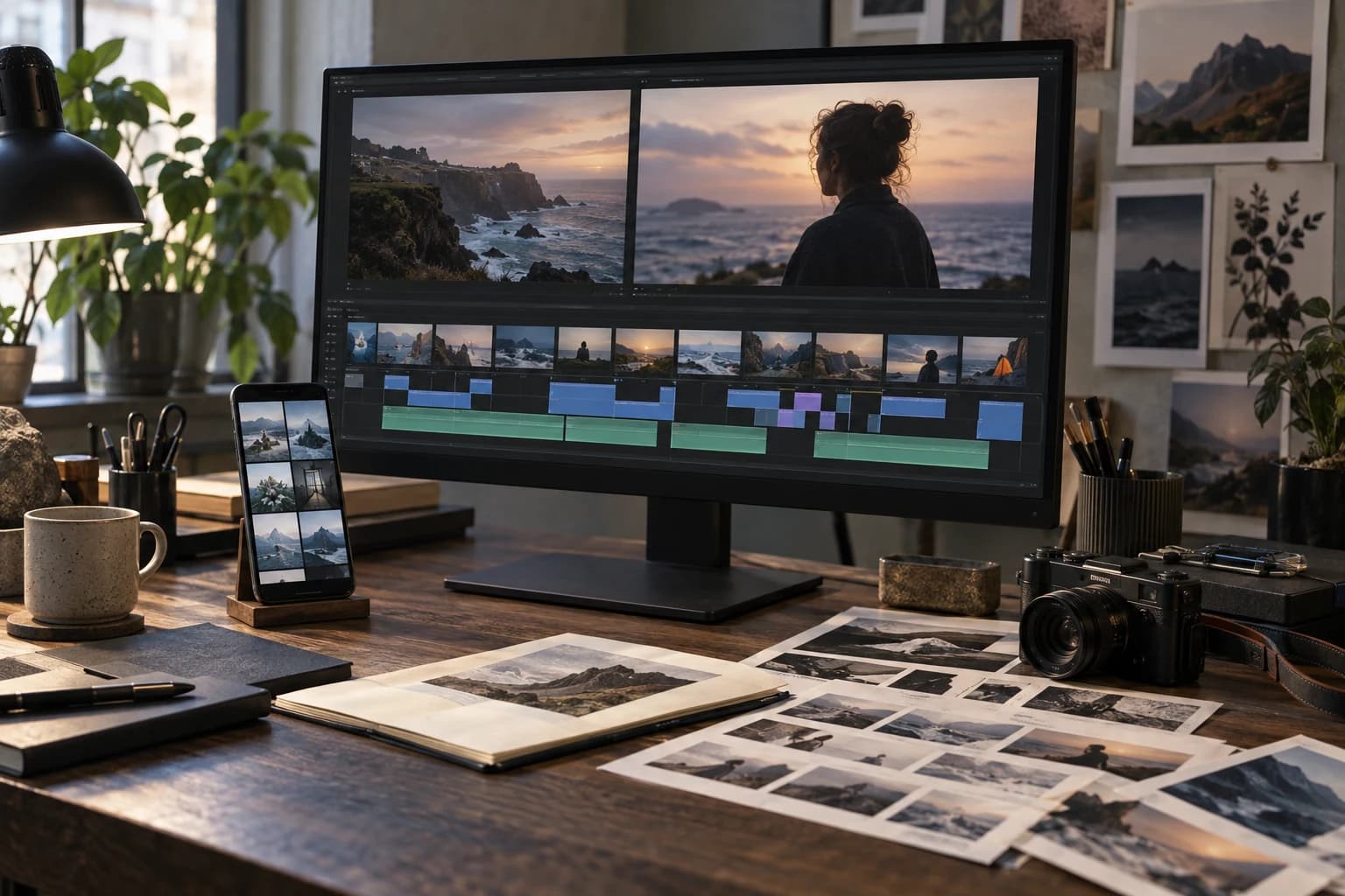 Illustrative creative studio with video work in progress on a desktop screen