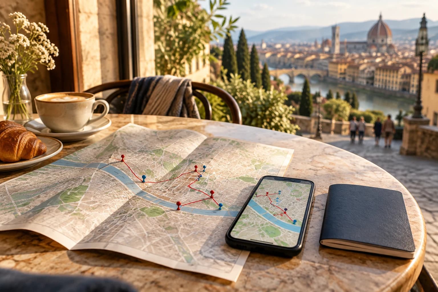 Illustrative travel route planned across a paper map and phone