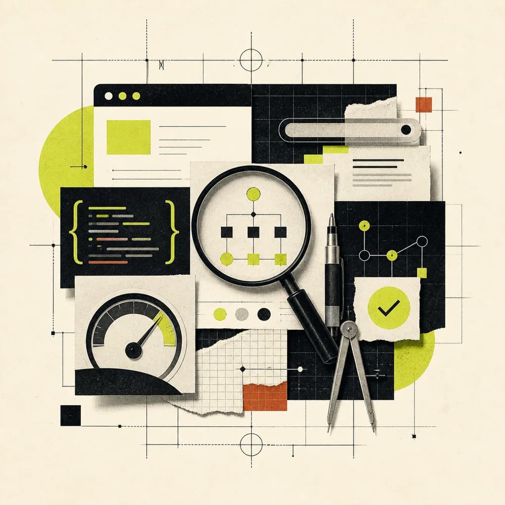 Portrait-free editorial illustration of technical SEO analysis and implementation tools